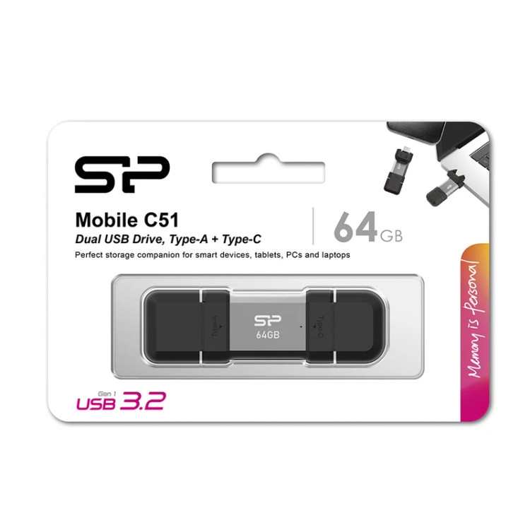 فلش مموری OTG سیلیکون پاور مدل C51 ظرفیت 64 گیگابایت با رابط USB 3.2 Type-A و Type-C، مقاوم در برابر شوک و لرزش، سازگار با اندروید، iOS، ویندوز، مک و لینوکس