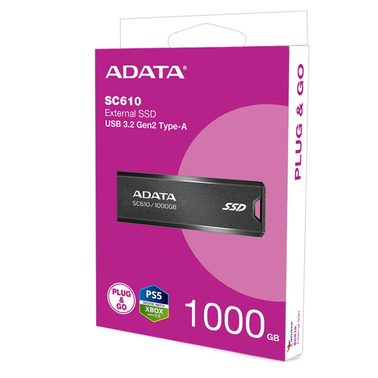 اس اس دی اکسترنال ای دیتا مدل SC610 با ظرفیت 1 ترابایت، رابط USB 3.2 Gen2، سرعت خواندن 550 MB/s و نوشتن 500 MB/s، مناسب برای Windows و macOS